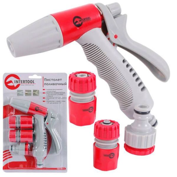 Пістолет-розпилювач + адаптер універсальний з внутрішньою різьбою 1/2" та 3/4", конектор 1/2" для шлангу 1/2", конектор з аквастопом 1/2" для шлангу 1/2". ABS, PP, TPR. INTERTOOL GE-0016